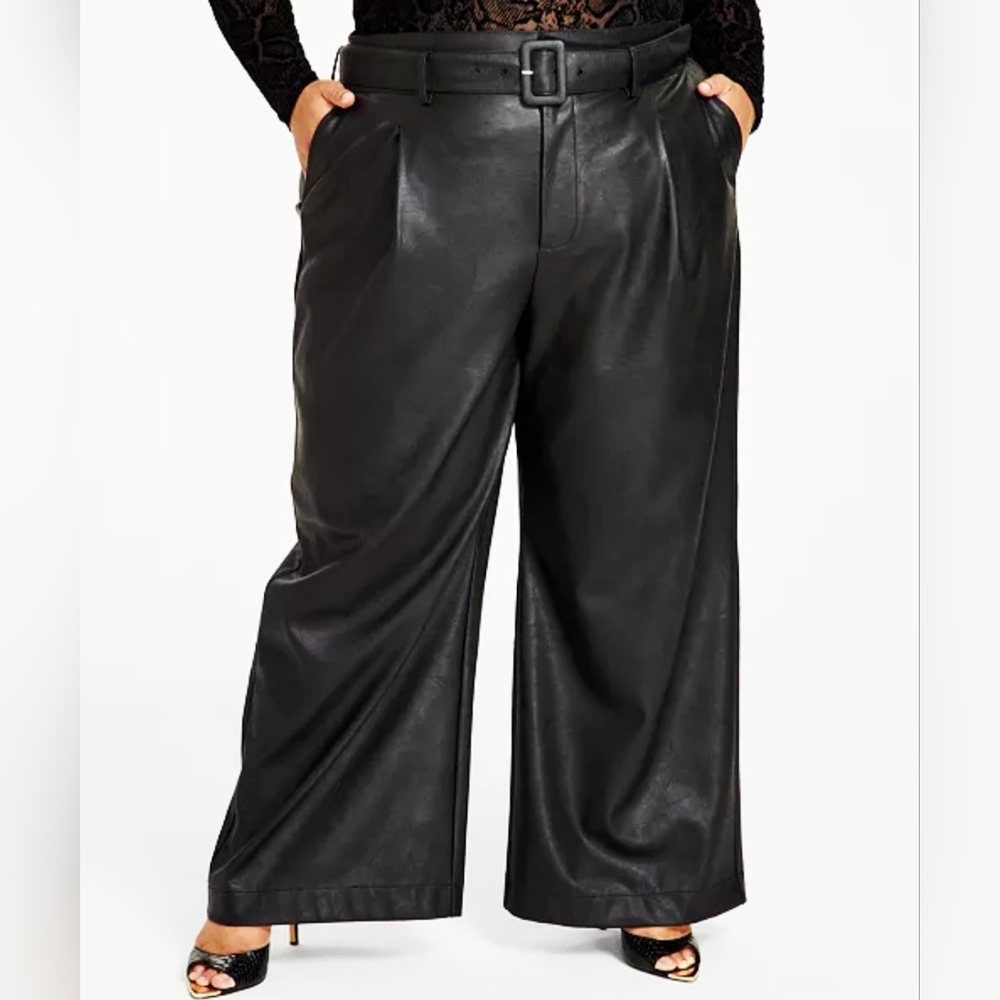 NINA PARKER Black Luxe Faux Leather Trousers Relaxed Wide Leg Belted NWT Soft!